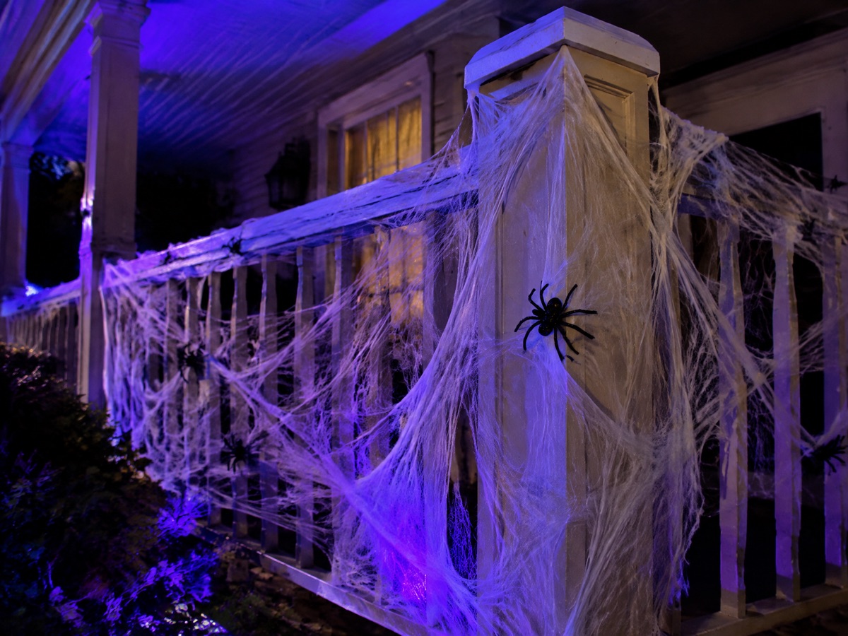 Cobwebs and Spiders for a gothic Halloween front porch