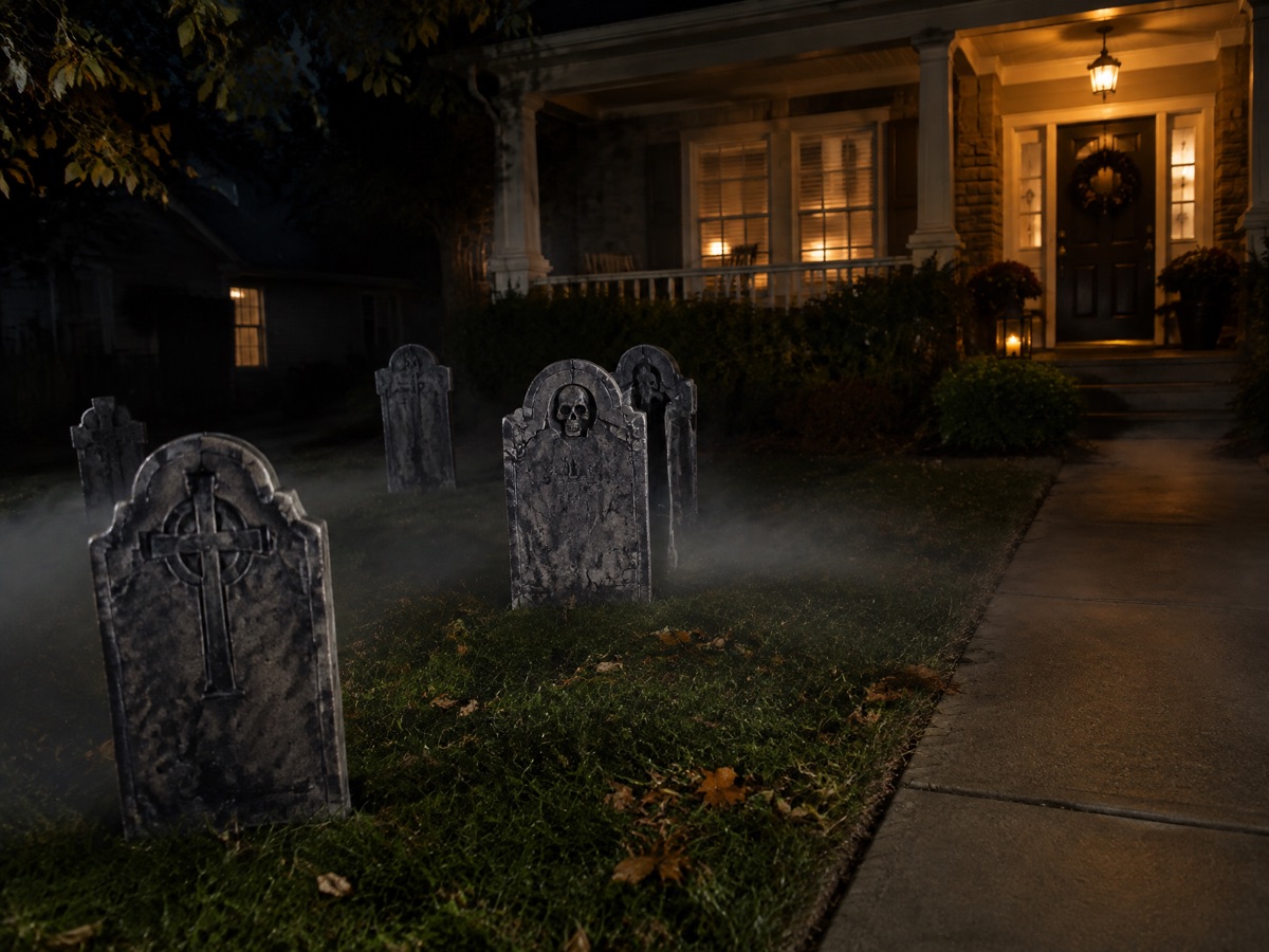 Foam Tombstones for a gothic Halloween front porch