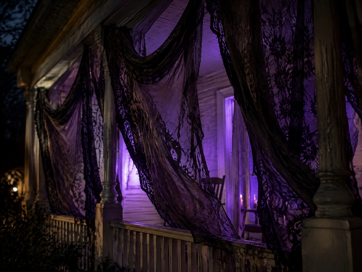 Porch Drapes for a gothic Halloween front porch